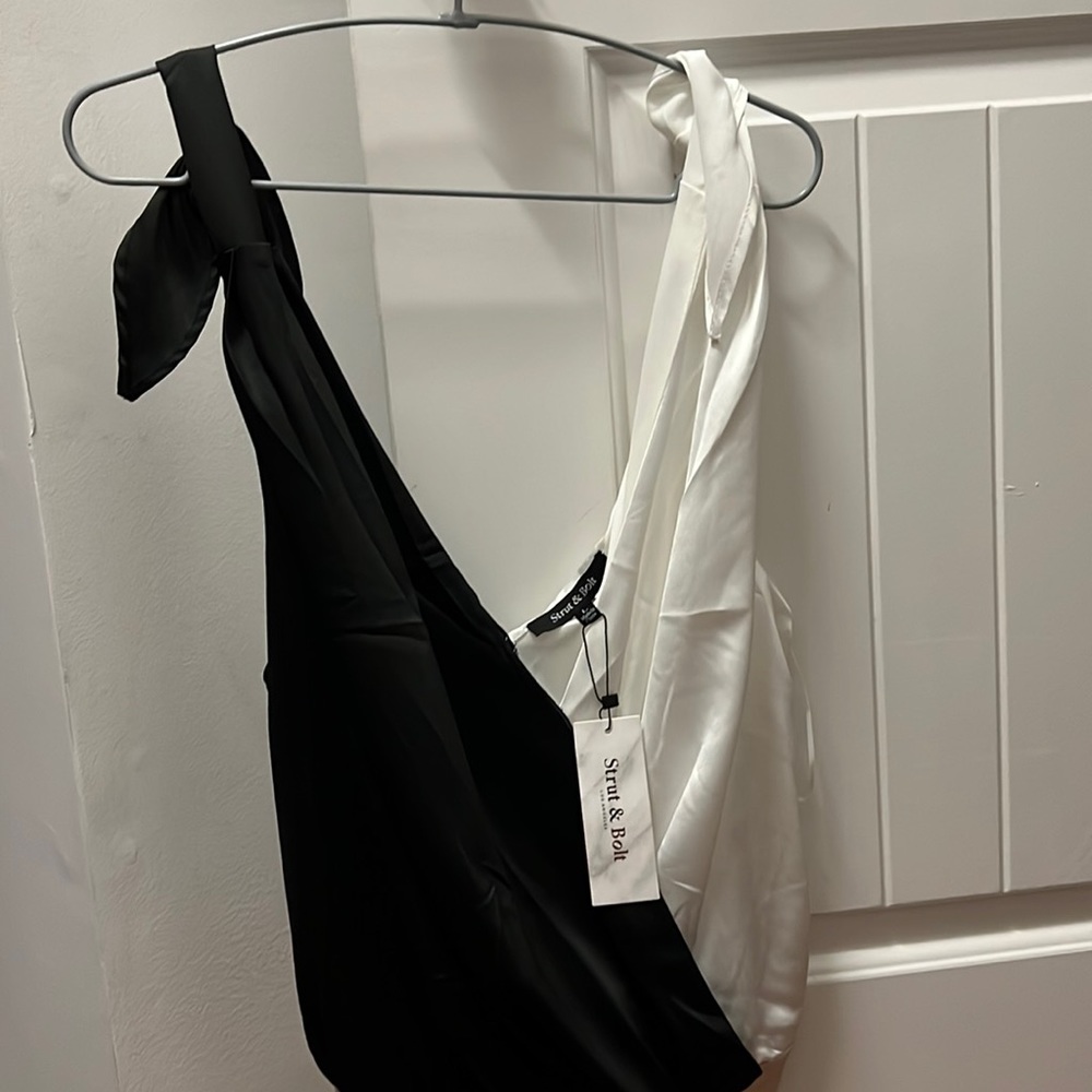 VICI Both Worlds Satin Drape Tie Bodysuit - Black & White